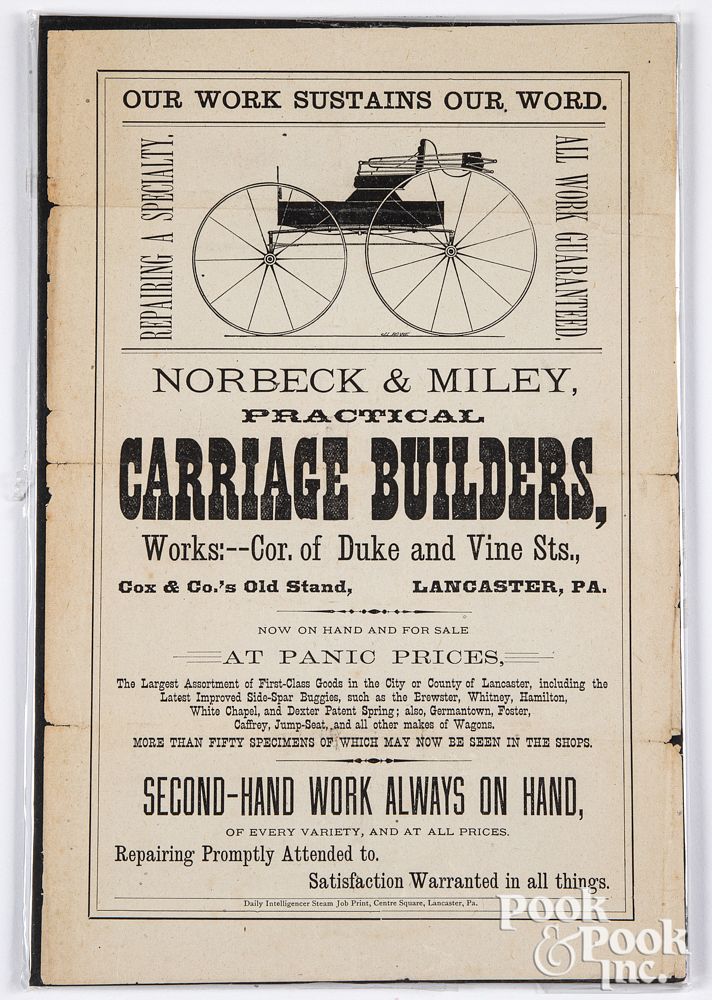 Appraisal: Norbeck and Miley Practical Carriage Builders Carriage sale advertising broadside