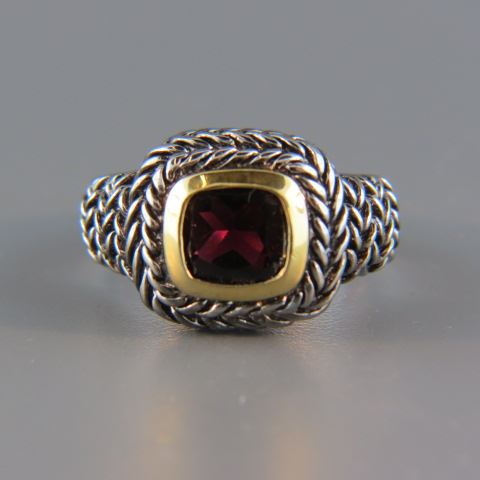 Appraisal: Sterling Silver Garnet Ring purplish red gem with gold bezel