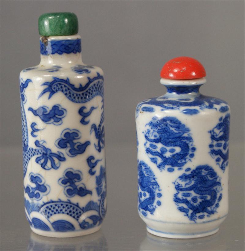 Appraisal: porcelain snuff bottles each with blue underglaze dragon seeking flaming