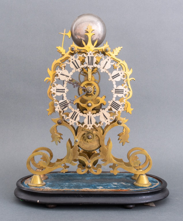 Appraisal: FRENCH GILDED BRASS SKELETON CLOCK TH C French gilded and