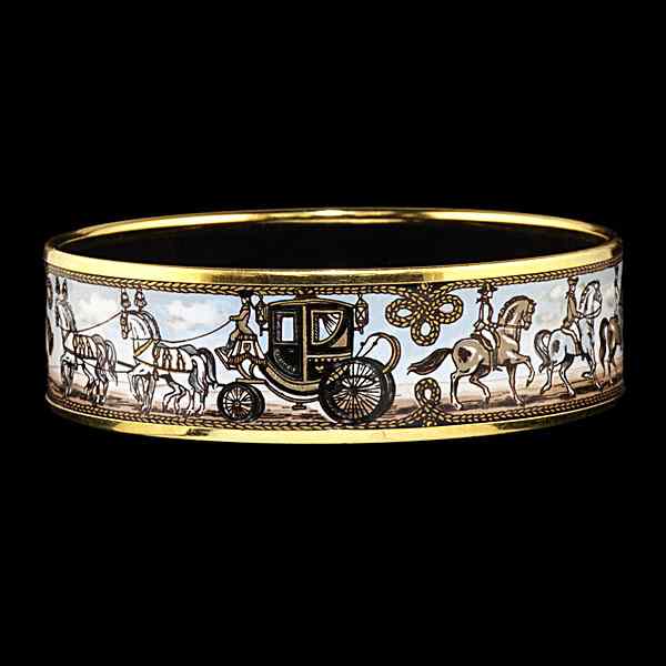 Appraisal: Hermes Bangle Bracelet Hermes enamel bangle bracelet decorated with two