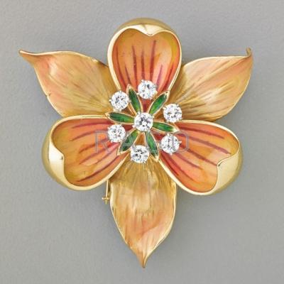 Appraisal: AMERICAN ENAMELED GOLD DIAMOND FLOWER FUR CLIP Stylized clematis centered