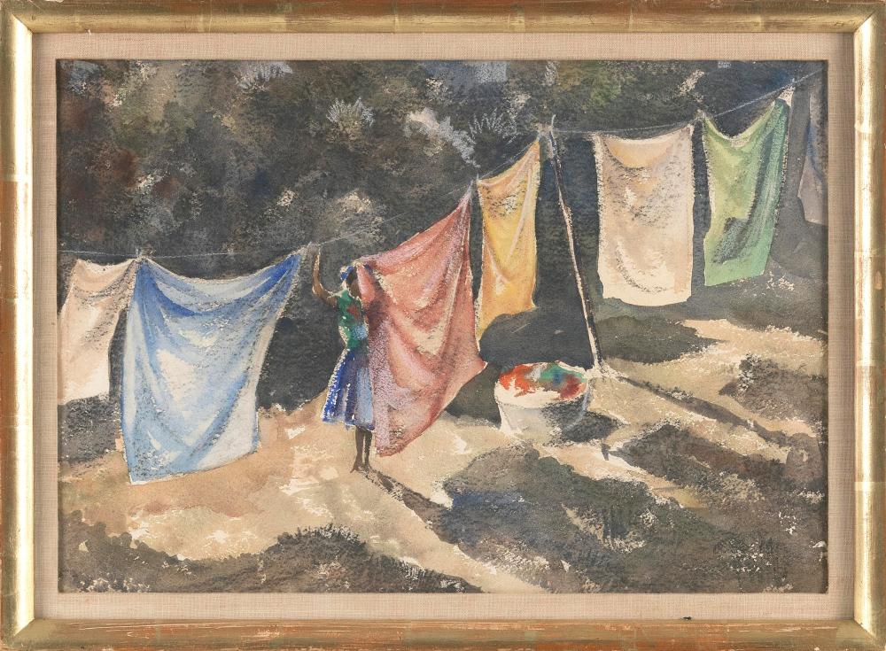 Appraisal: AMERICAN SCHOOL EARLY TH CENTURY LAUNDRY DAY WATERCOLOR ON PAPER