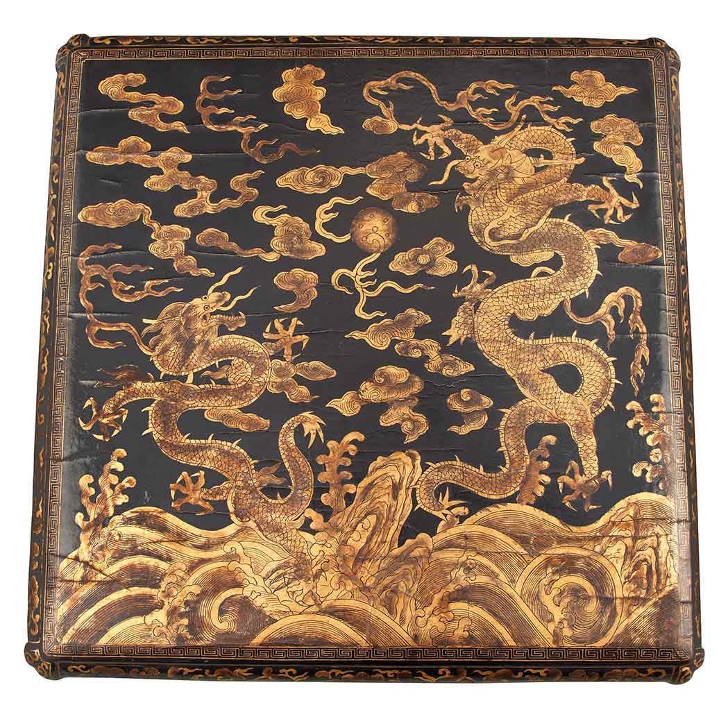 Appraisal: Chinese Black and Gold Lacquered Box th Century The square