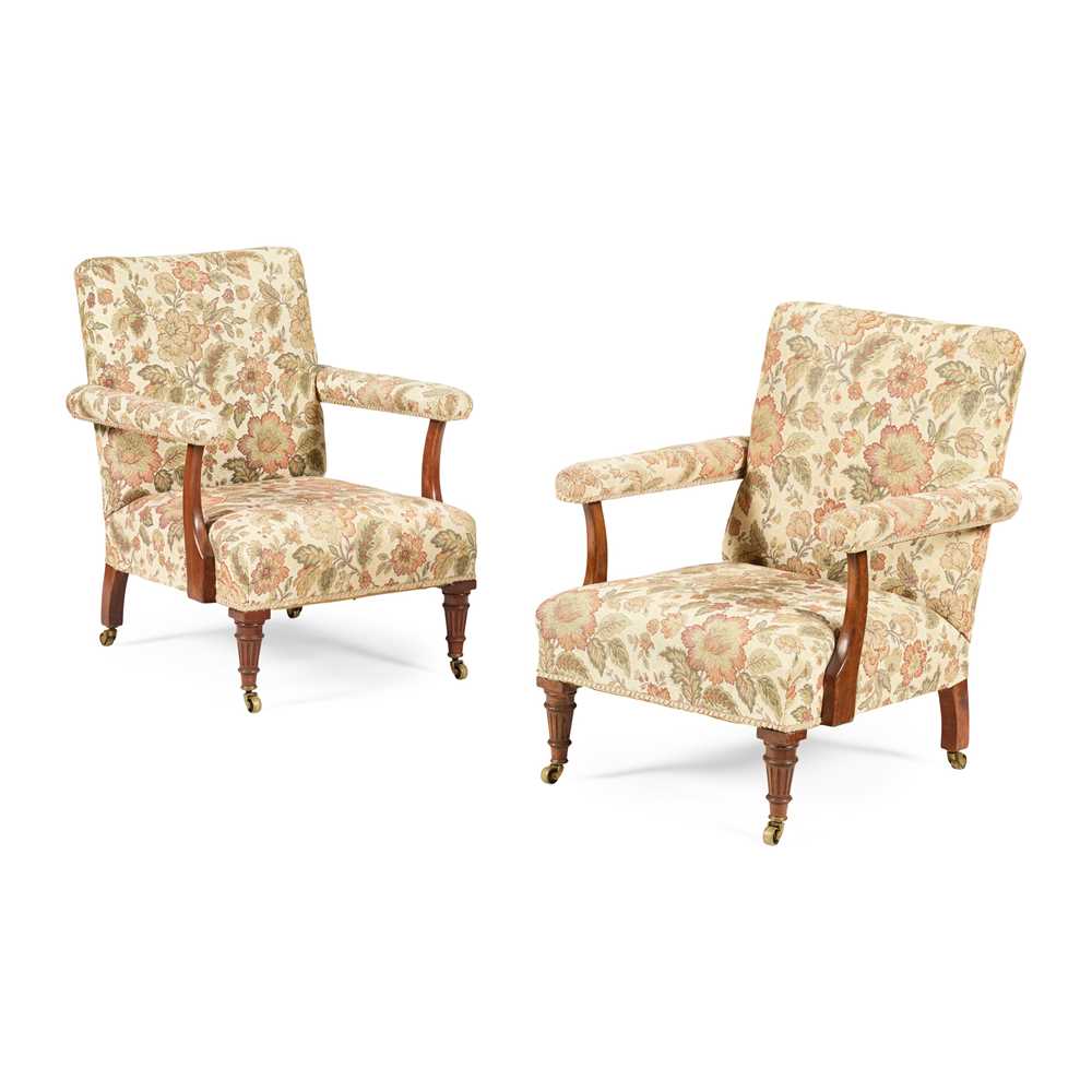 Appraisal: PAIR OF VICTORIAN MAHOGANY FRAMED LIBRARY ARMCHAIRS LATE TH CENTURY