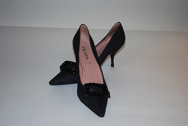 Appraisal: Prada charcoal grey material pumps w black beaded buckles Size