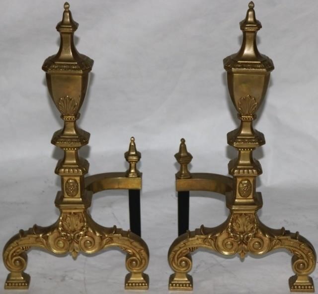 Appraisal: PAIR HIGH QUALITY TH C ORNATE BRASS ANDIRONS FRENCH STYLE