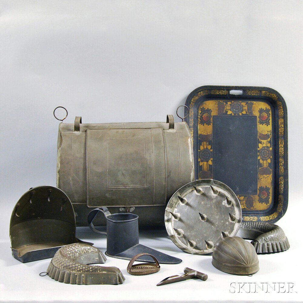 Appraisal: Nine Domestic Mostly Tin Items th century a utensil rack