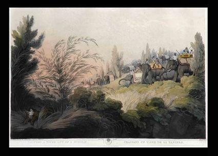 Appraisal: DRIVING A TIGER OUT OF THE JUNGLE Hand-colored engraving x