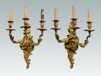 Appraisal: Pair bronze dore sconces rococo style each with three candle