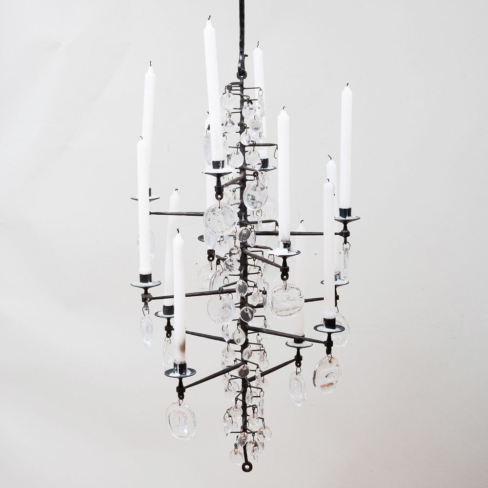 Appraisal: Eric Hoglund Iron and Glass Twelve-Light Chandelier x in diam