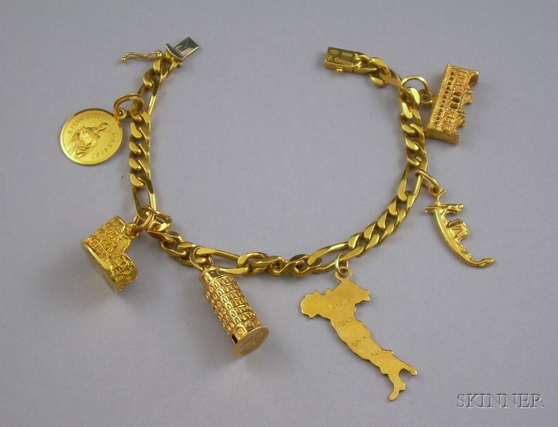 Appraisal: kt Gold Italian Cities Themed Charm Bracelet the thick curb-link