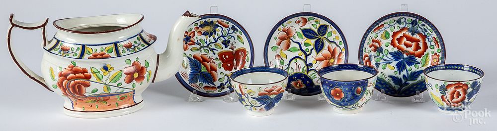 Appraisal: Three Gaudy Dutch cups and saucers etc Three Gaudy Dutch