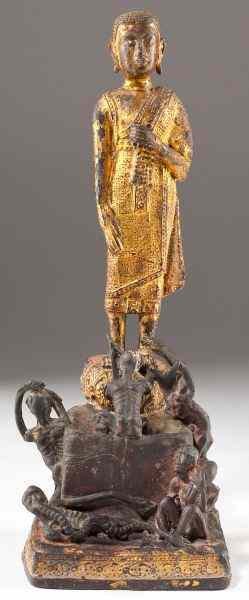 Appraisal: Unusual Buddhist Bronze Figuraldepicting a figure with pendant earlobes standing