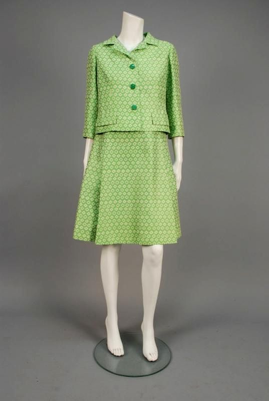 Appraisal: SILK JACQUARD DRESS and JACKET SET s Apple green figured