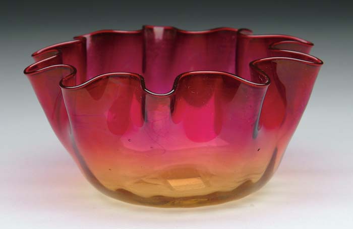 Appraisal: MT WASHINGTON ROSE AMBER RUFFLED BOWL Deep fuchsia coloring shading