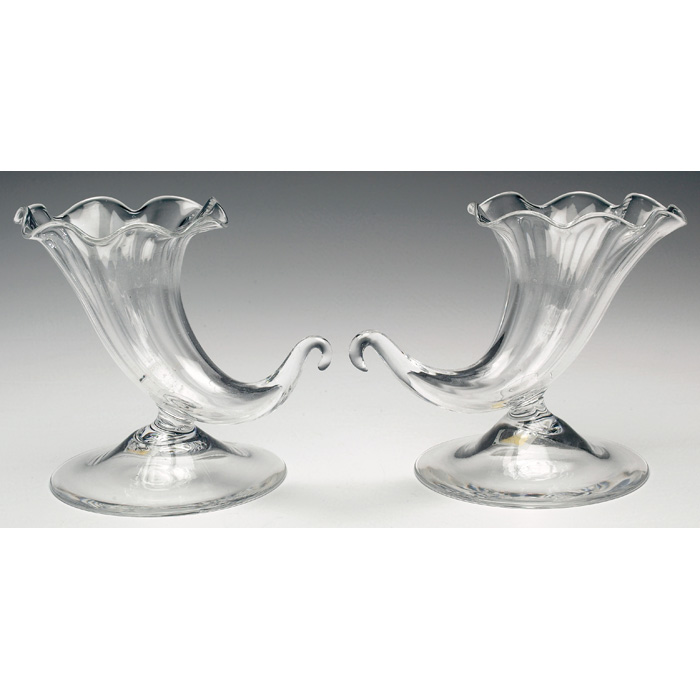 Appraisal: Steuben vases pair cornucopia form clear glass marked w x