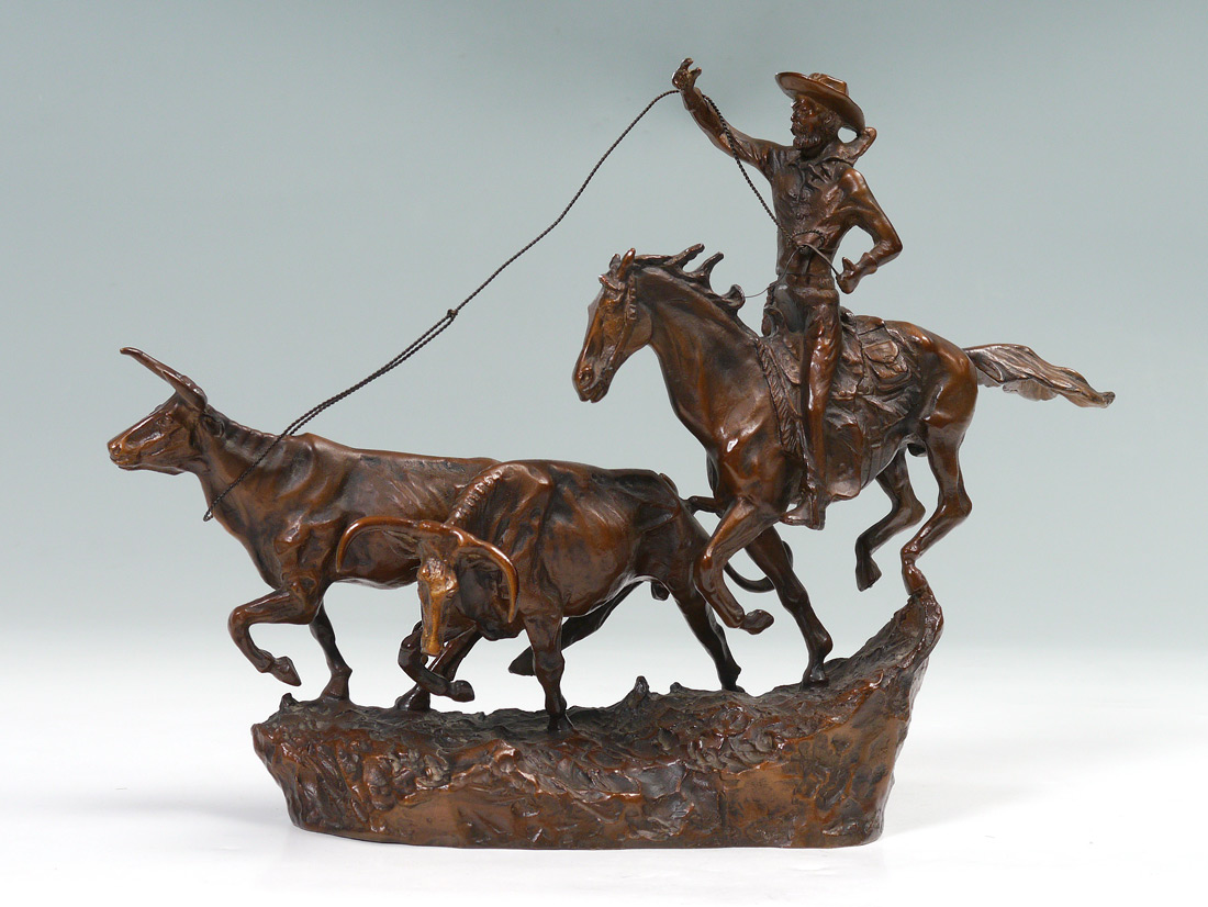 Appraisal: COWBOY CATTLE BRONZE AFTER RUSSEL Scene Depicts a Cowboy Herding