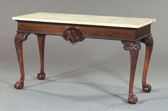 Appraisal: George III-Style Mahogany and Marble-Top Side Table the rectangular variegated