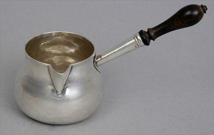 Appraisal: GEORGE II WOOD-HANDLED SILVER BRANDY WARMER Probably John Gammon London