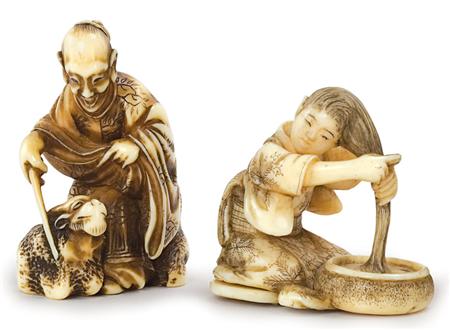 Appraisal: Two Netsuke Washing Hair and Sage Netsuke Estimate -