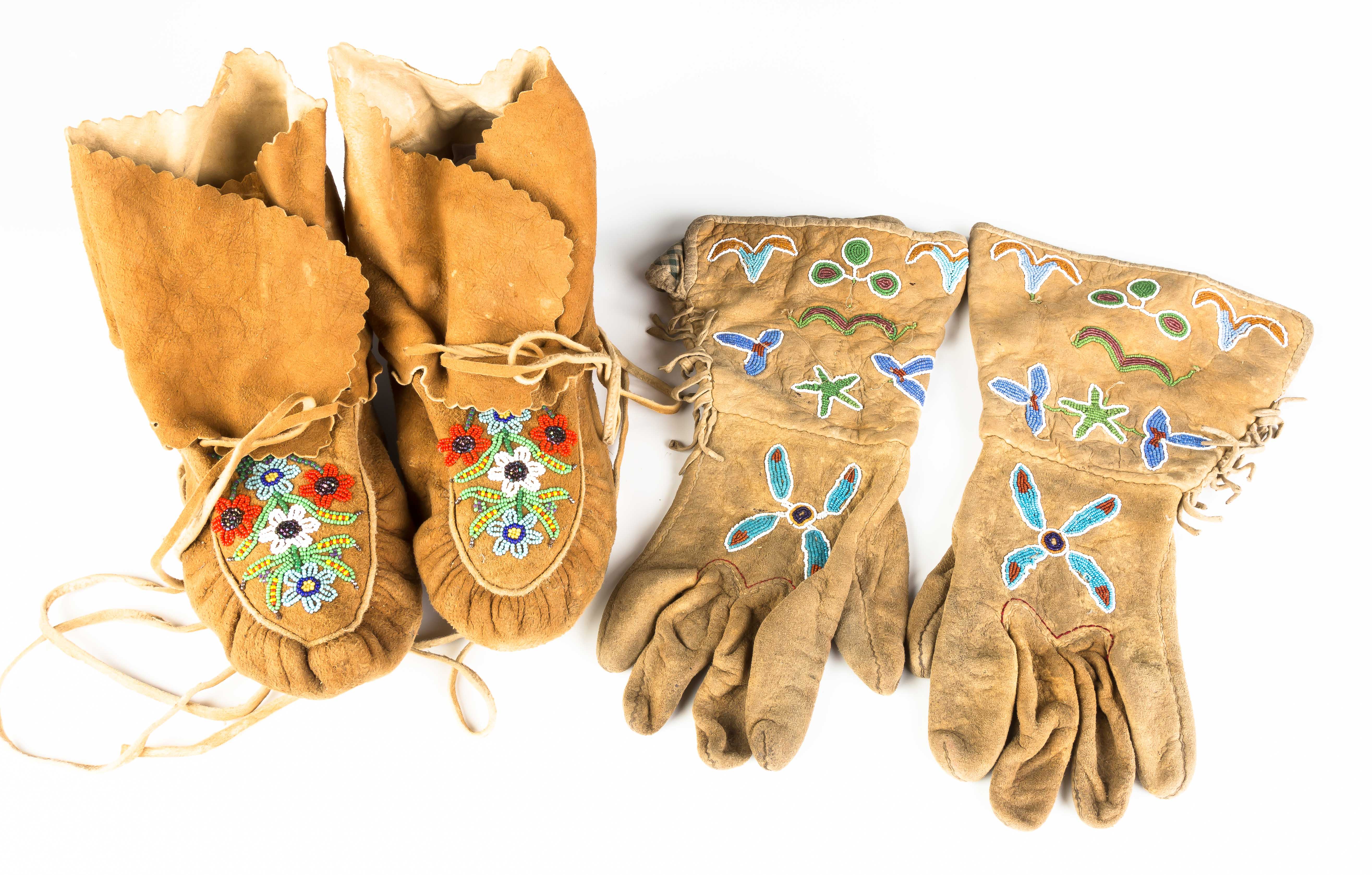 Appraisal: Pair of Native American Beaded Buckskin Moccasins and Gloves Moccasins