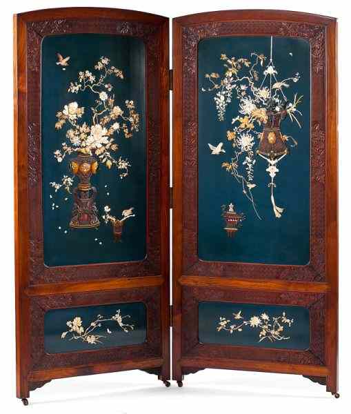 Appraisal: Chinese Two Panel Inlaid Floor Screencarved hardwood frame each panel