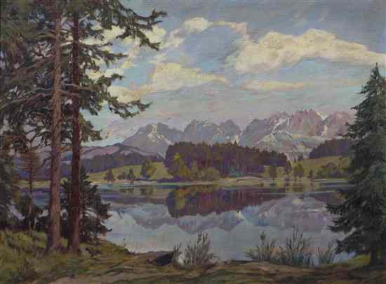 Appraisal: Leopold Beran Austrian - Wooded Lake Scene oil on canvas