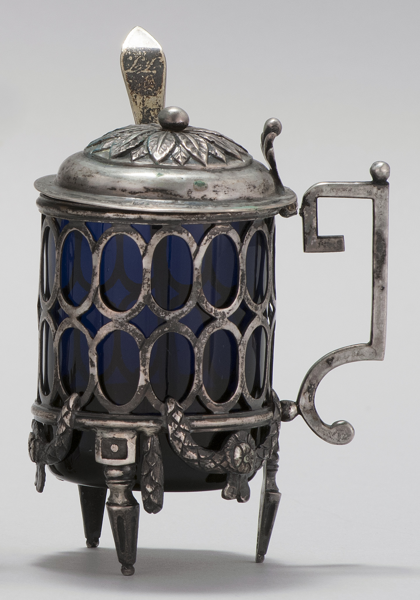 Appraisal: NEOCLASSICAL SILVER AND COBALT BLUE GLASS MUSTARD POT Cologne Late