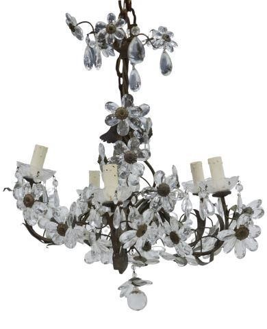 Appraisal: French patinated metal and crystal five-light chandelier in the manner