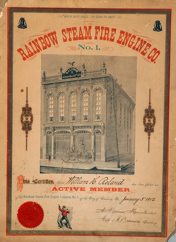 Appraisal: Membership certificate for the Rainbow Steam Fire Engine Company No