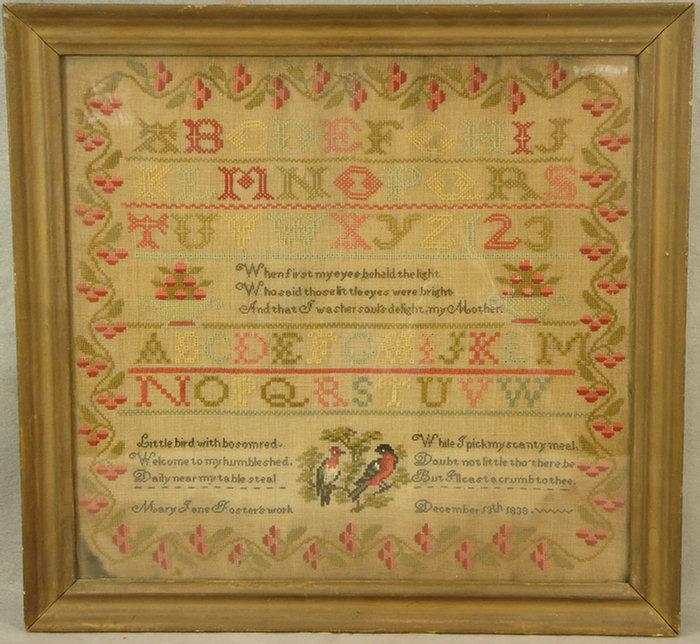 Appraisal: needlework sampler Mary Jane Foster December verse and alphabet with