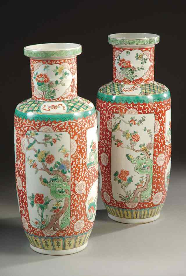 Appraisal: PAIR CHINESE FAMILE VERTE PORCELAIN VASES jar-shape hand enameled under