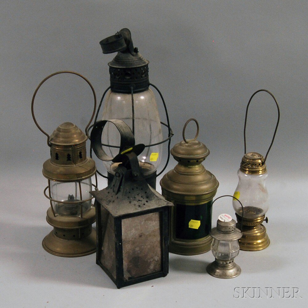 Appraisal: Six Brass Tin and Glass Lanterns including a tin lantern