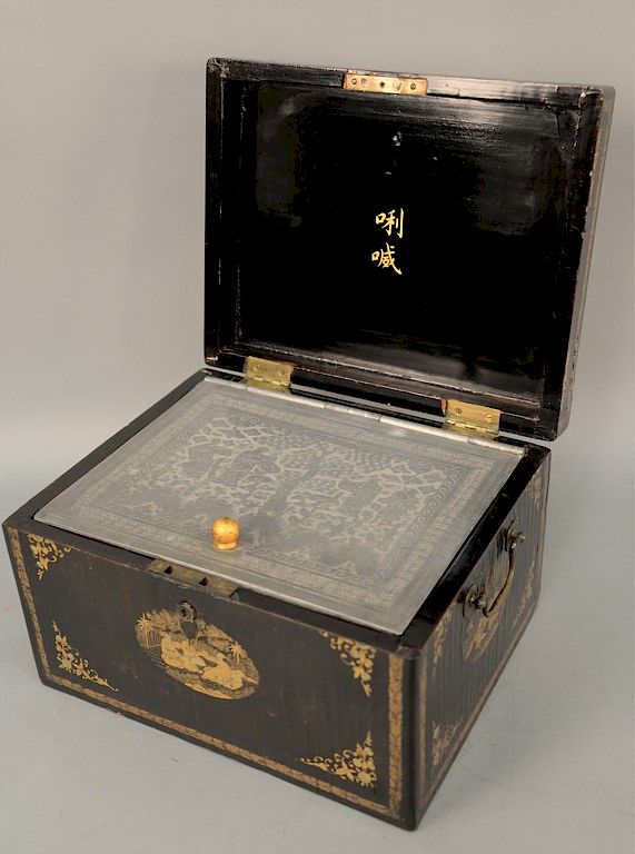 Appraisal: Black lacquered chinoiserie tea caddy having bail handles opening to