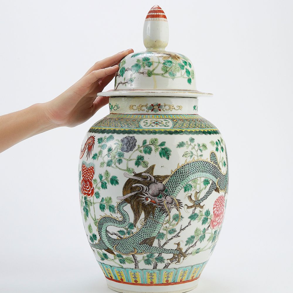 Appraisal: Chinese Porcelain Famille Verte Covered Ginger Jar Depicting a dragon