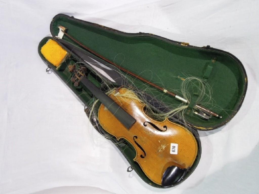 Appraisal: A cased th century violin with bow cm approximately