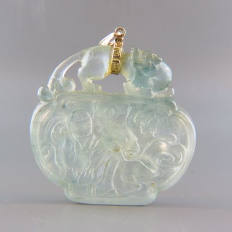 Appraisal: Jade Pendant carved Chinese figure with foo dog above k