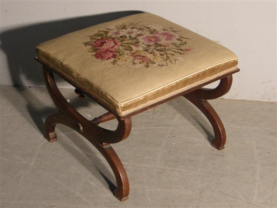 Appraisal: th century mahogany X framed stool with needle work cushion