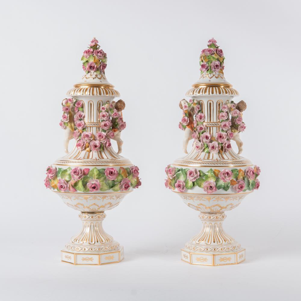 Appraisal: DRESDEN CARL THIEME PORCELAIN URNS PAIR A pair of Dresden