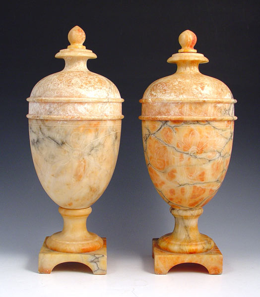 Appraisal: PAIR OF ALABASTER COVERED PEDESTAL URNS '' h x ''