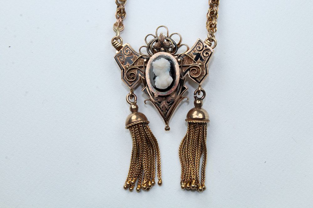 Appraisal: k Gold Necklace Carved Cameo Pin Combo k Gold Necklace