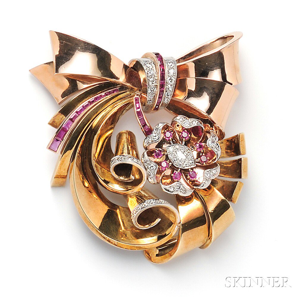 Appraisal: Retro kt Bicolor Gold Ruby and Diamond Brooch designed as