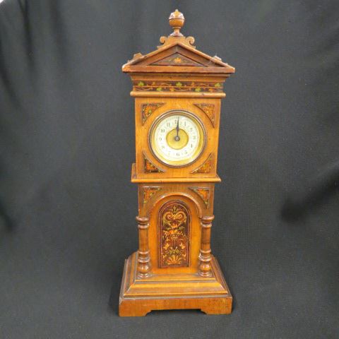 Appraisal: European Miniature Grandfather Clock fancy inlaid case carved column arch