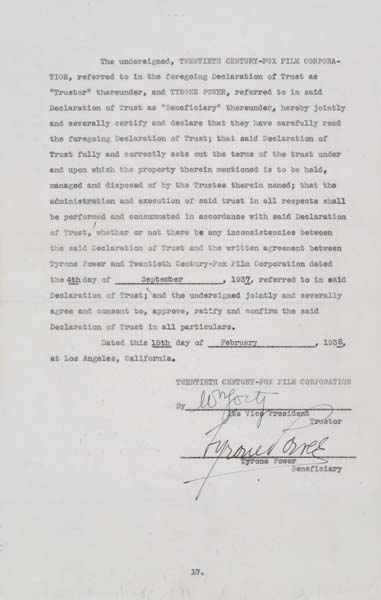 Appraisal: TYRONE POWER Legal document signed by Power establishing a bank