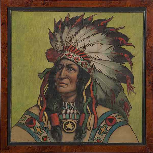 Appraisal: American Indian Chief Lithograph on Fabric A colored lithograph portrait