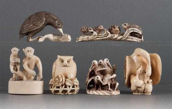 Appraisal: Six Japanese carved ivory animal figures figures include quail group