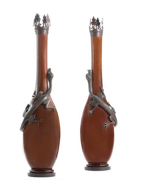 Appraisal: Pair of bronze mounted glazed earthenware vases An imposing pair