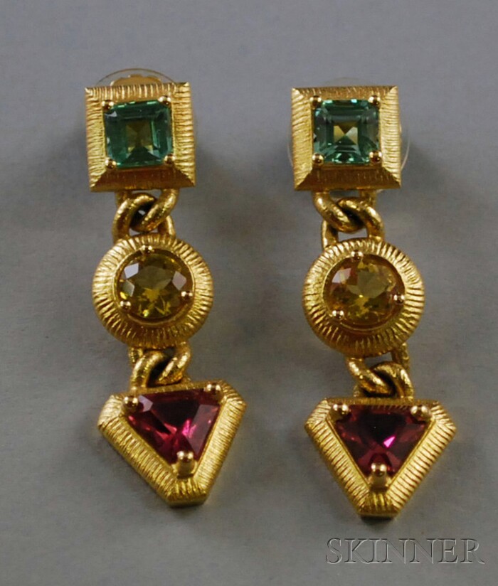 Appraisal: kt Gold Gem-set Earpendants each set with fancy-shaped green and