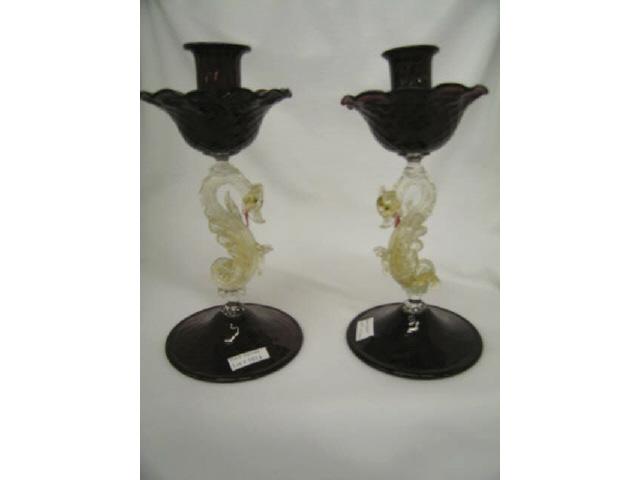 Appraisal: Venetian Art Glass Figural Serpent Candlesticks pair clear body with